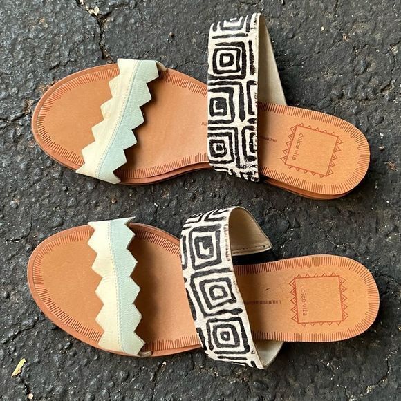 Dolce Vita Womens Flat Sandals Zig Zag Strap Slides Tan Blue Black‎ Size 6 - Picture 4 of 6